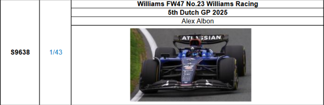 【スパーク(S9638)ご予約商品11/11締切】1/43 ウィリアムズ FW47 A.アルボン 2025年オランダGP5位 No.23 予価：税込￥13200