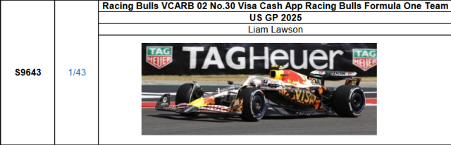 【スパーク(S9643)ご予約商品11/23締切】1/43 レーシングブルズ VCARB02 L.ローソン 2025年USGP　No.30 予価：税込￥13200 