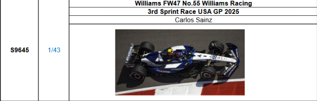 【スパーク(S9645)ご予約商品11/23締切】1/43 ウィリアムズ FW47 C.サインツ 2025年USGP No.55 予価：税込￥13200 