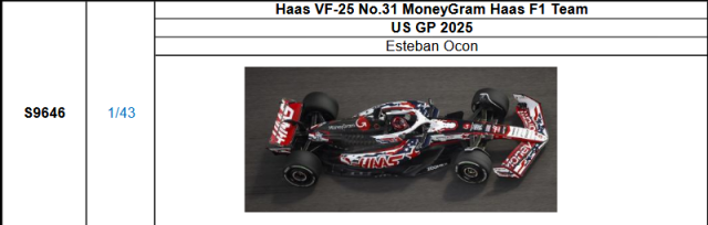 【スパーク(S9646)ご予約商品11/23締切】1/43 ハース F1 VF-25 E.オコン 2025年USGP No.31予価:税込¥13200