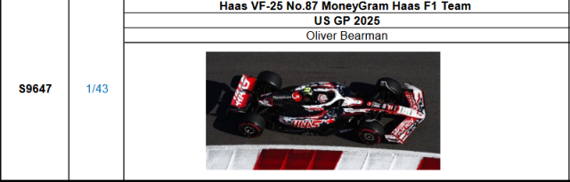 【スパーク(S9647)ご予約商品11/23締切】1/43 ハース F1 VF-25 O.ベアマン 2025年USGP No.87予価：税込￥13200