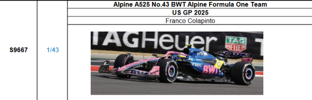 【スパーク(S9667)ご予約商品11/23締切】1/43 アルピーヌ F1 A525 F.コラピント 2025年USGP No.43 予価：税込￥13200 