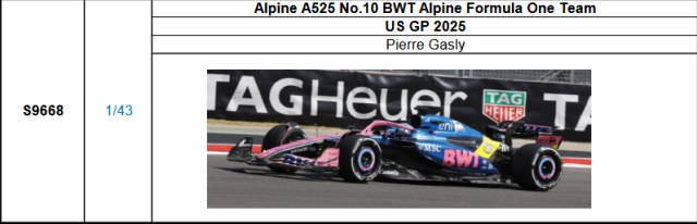 【スパーク(S9668)ご予約商品11/23締切】1/43 アルピーヌ F1 A525 P.ガスリー 2025年USGP No.10 予価：税込￥13200 