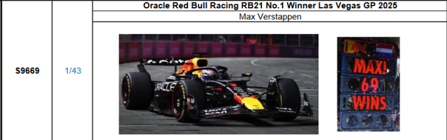 【スパーク(S9669)ご予約商品12/21締切】1/43 レッドブル RB21 M.フェルスタッペン 2025年ラスベガスGP優勝with pit board No.1 予価：税込￥13750 