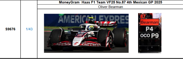 【スパーク(S9676)ご予約商品12/21締切】1/43 ハース F1 VF-25 O.ベアマン 2025年メキシコGP4位 with pit board No.87予価：税込￥13750
