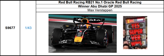 【スパーク(S9677)ご予約商品26/1/8締切】1/43 レッドブル RB21 M.フェルスタッペン 2025年ラスベガス優勝 No.1(with pit board) 予価：税込￥13750 