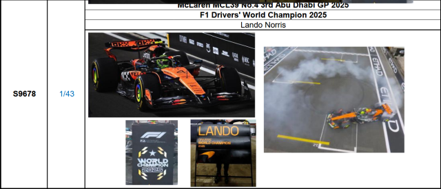 【スパーク(S9678)ご予約商品26/01/04締切】1/43 マクラーレン MCL39 L.ノリス 2025年アブダビGP3位 F1 Drivers' World Champion 2025 No.4(Pit board付属大型台座＆タイヤマーク印刷)予価：税込￥16940 