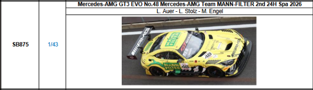 【スパーク(SB875)ご予約商品8/23締切】1/43 Mercedes-AMG GT3 EVO No.48 Mercedes-AMG Team MANN-FILTER 2026スパ24時間レース2位 L.アウアー-L.シュトルツ-M.エンゲル 予価：税込￥13970