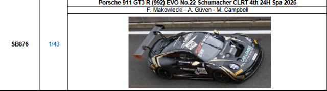 【スパーク(SB876)ご予約商品8/23締切】1/43 Porsche 911 GT3 R (992) EVO No.22 Schumacher CLRT 2026スパ24時間レース4位 F.マコヴィッキ-A.ギュベン-M.キャンベル 予価:税込¥13970