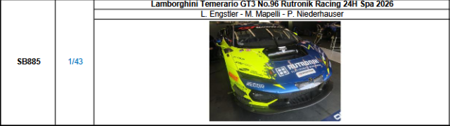 【スパーク(SB885)ご予約商品8/23締切】1/43 Lamborghini Temerario GT3 No.96 Rutronik Racing 2026スパ24時間レース L.エングストラー-M.マペリ-P.ニーダーハウザー 予価:税込¥13970
