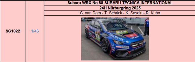 【スパーク(SG1022)ご予約商品8/24締切】1/43 Subaru WRX No.88 SUBARU TECNICA INTERNATIONAL 2025年ニュルブルクリンクリンク24時間レース C. vanDam-T. Schrick-K.Sasaki-R.Kubo 予価：税込￥12980