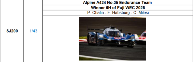 【スパーク(SJ200)ご予約商品10/26締切】1/43 Alpine A424 No.35 Endurance Team Winner 6H of Fuji WEC 2025 P. Chatin - F. Habsburg - C. Milesi 予価：税込￥13200