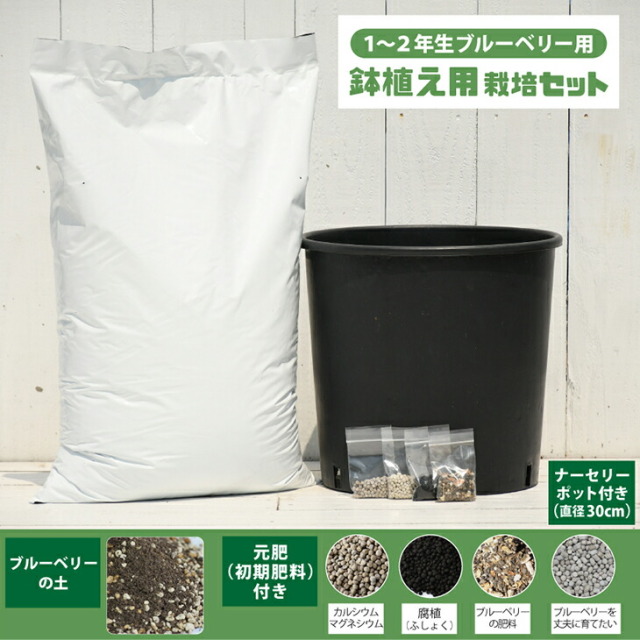 植え付け 簡単 栽培セット 【鉢植え用 （1～2年生ブルーベリー用）】 栽培セット （ブルーベリーの土・元肥・ナーセリーポット付き）