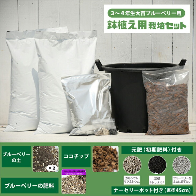 植え付け 簡単 栽培セット 【鉢植え用 （ブルーベリー3～4年生大苗用）】 栽培セット （ブルーベリーの土・元肥・肥料・ナーセリーポット付き）