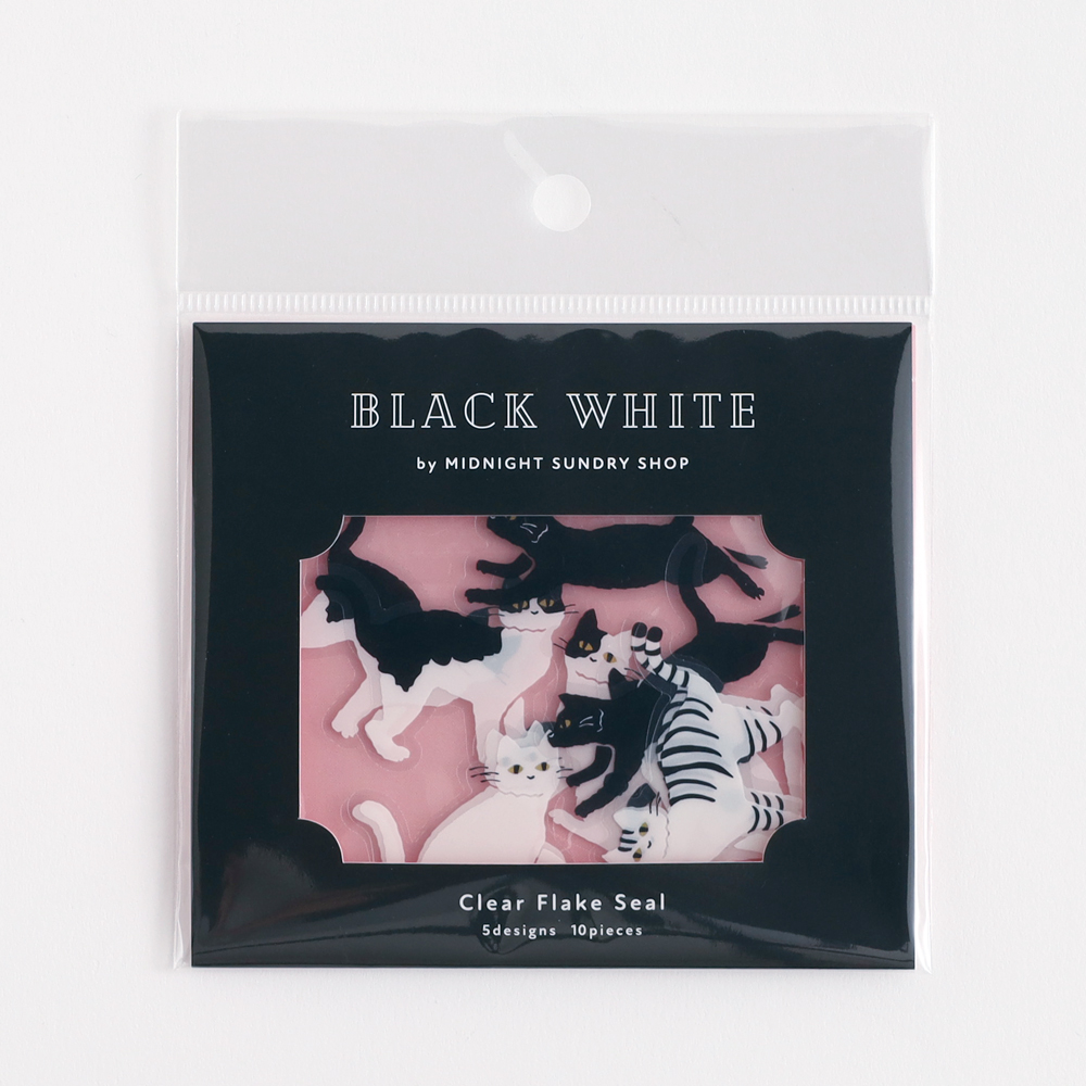 真夜中の雑貨店 BLACK WHITE クリアフレークシール＜クロネコ＞ MZ-096