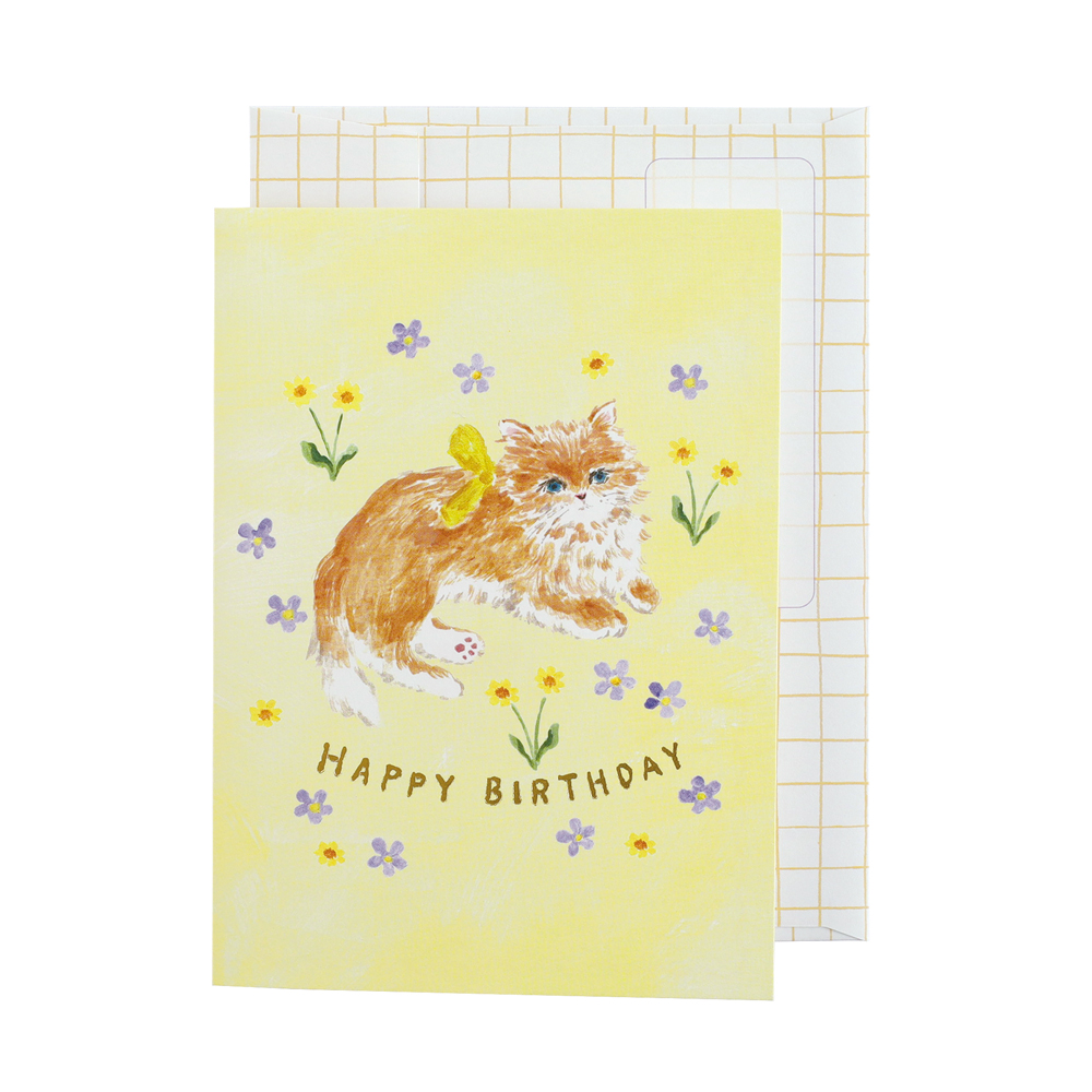 利光春華 バースデーカード（yellow ribbon cat） TH-005