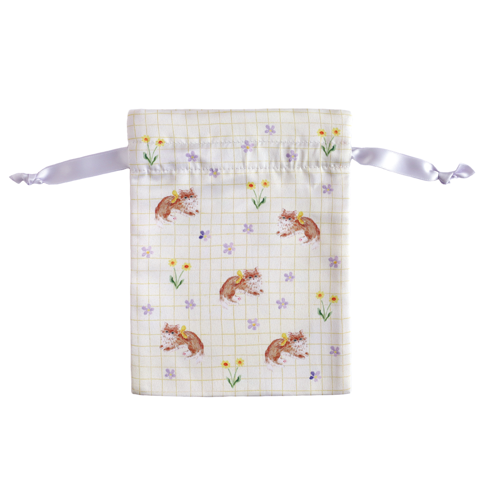 利光春華 サテン巾着（yellow ribbon cat） TH-023