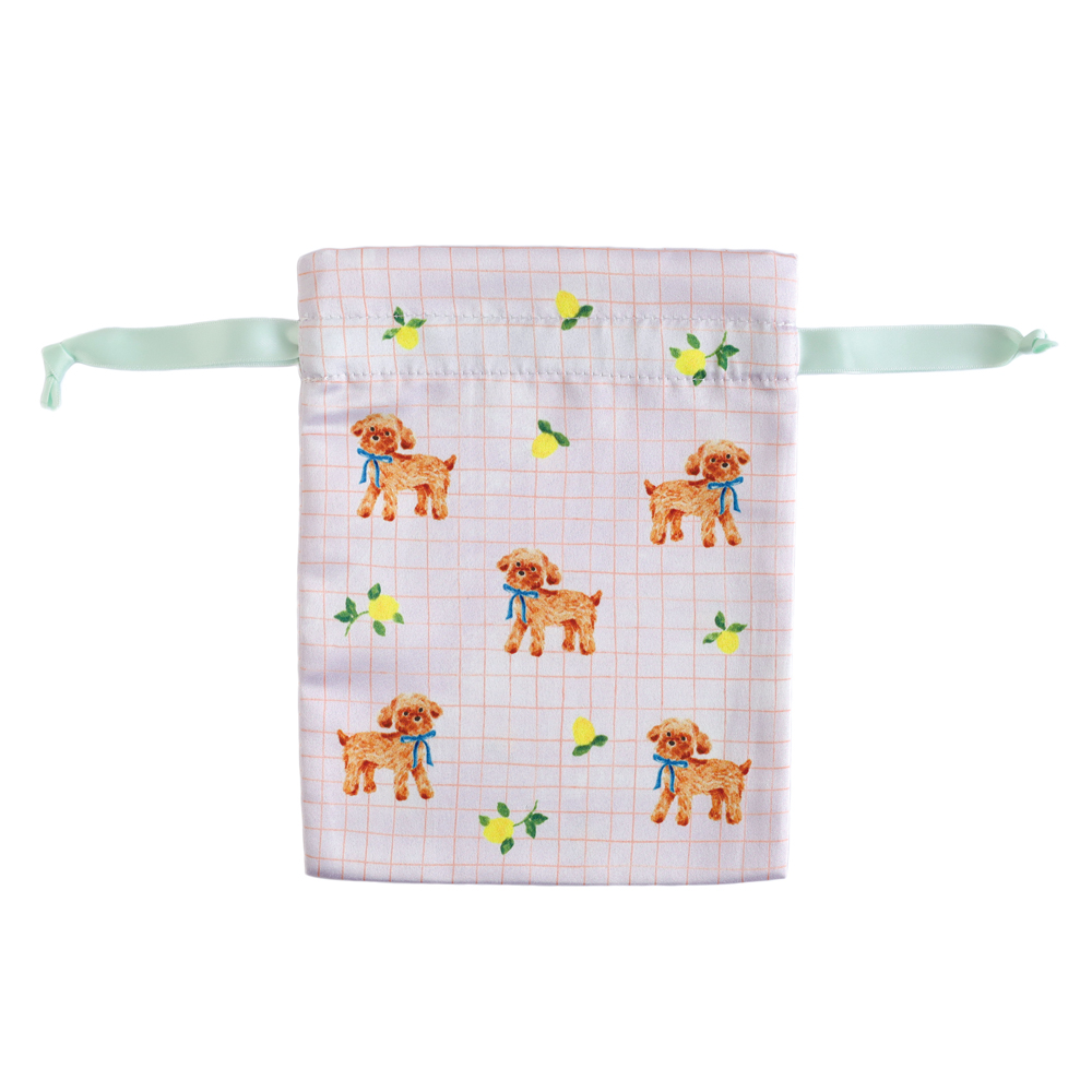 利光春華 サテン巾着（blue ribbon dog） TH-025