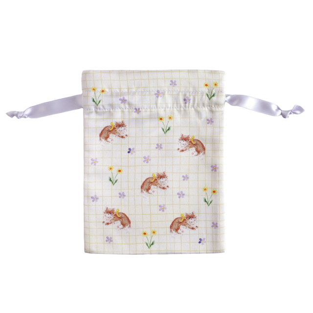 利光春華 サテン巾着(yellow ribbon cat) TH-023