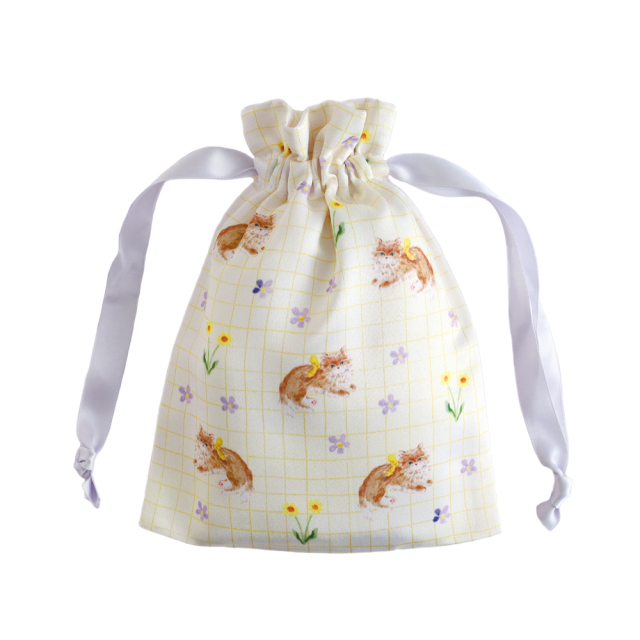 利光春華 サテン巾着（yellow ribbon cat） TH-023 | デザイン