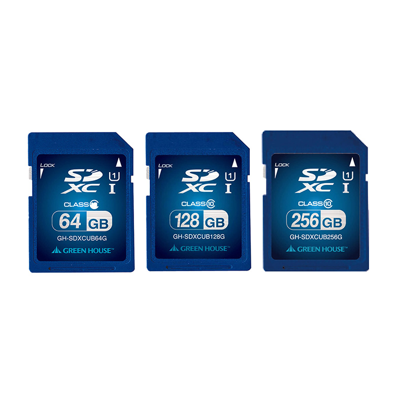 SDXCメモリーカード 64GB 128GB 256GB UHS-I クラス10 最大読み込み80MB/s、最大書き込み20MB/s 3年保証 INDEXシール ハードケース付 プロテクトスイッチ エコパッケージ グリーンハウス GH-SDXCUB