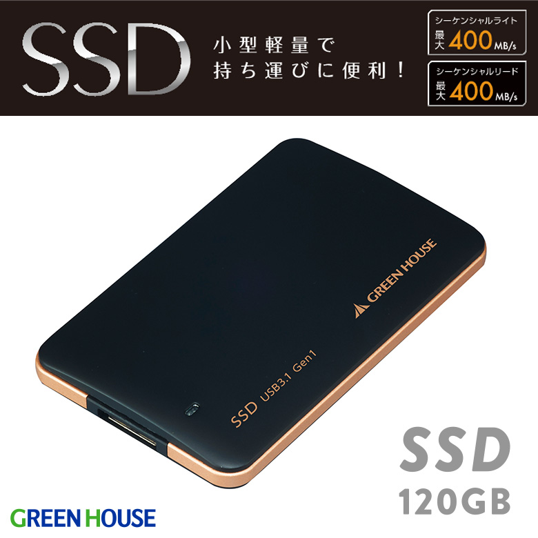 USB3.1 Gen1 外付けSSD 書込/読込 400MB/s 薄型 USB3.0ケーブル付 ACアダプタ不要 バスパワー専用タイプ 小型 軽量 持ち運び SSD PC パソコン グリーンハウス GH-SSDU3B120-B