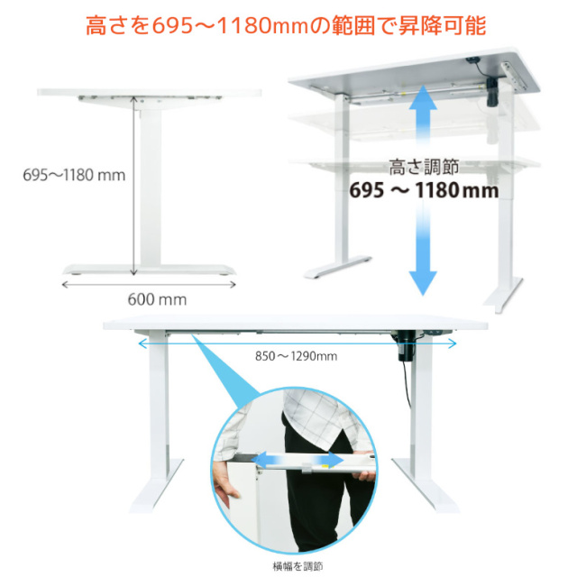昇降デスク(脚のみ) 電動式 ワンタッチ 高さ調節 GH-HADB-WH ホワイト
