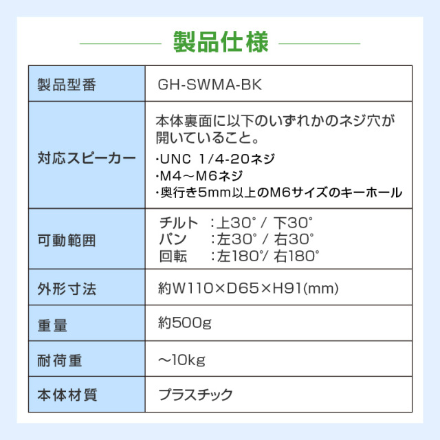 【送料無料】スピーカー取付金具 左右2個セット 10kgまで対応 角度調節 左右 回転 チルト 収納 スピーカー ホームシアター オーディオ 壁掛け 壁 壁かけ 金具 金物 ブラケット オフィス 会議室 GH-SWMA-BK
