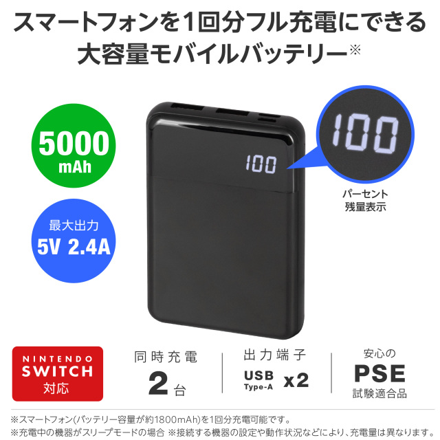 モバイルバッテリー 5000mAh 大容量 小型 軽量 コンパクト USB タイプC typeC 2台同時充電 スマホ PSE認証 iPhone15 グリーンハウス