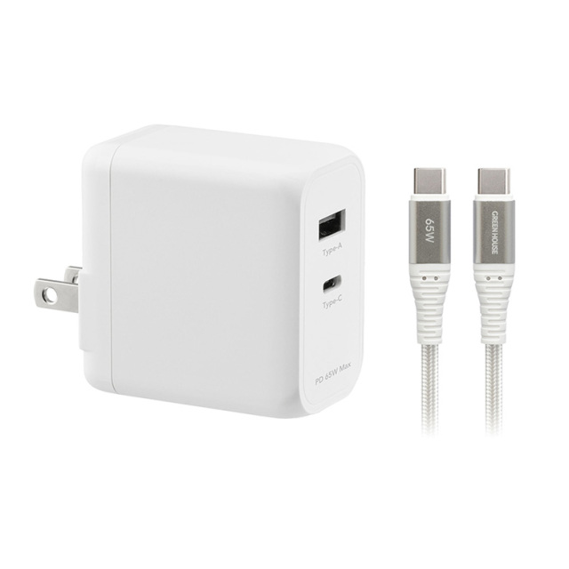 ACアダプター Type-Cケーブル付 2ポート GaN PD 65W 高速充電 AC