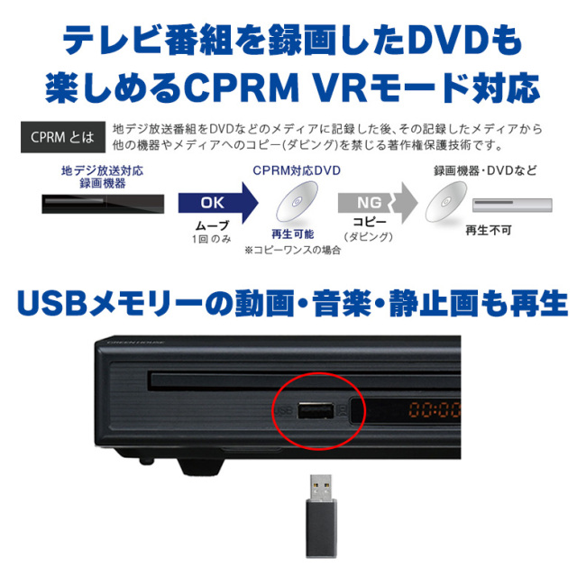 DVDプレーヤー コンポジットケーブル付属 リモコン カンタン操作 コンパクト お手軽 テレビ TV DVD CD DVDディスク USB 再生 映像 映画 音楽 動画 静止画 GH-DVP1L-BK