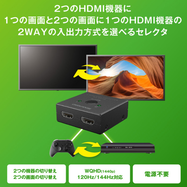 2WAY HDMIセレクタ 2ポート 2入力1出力/1出力2入力 4K 手動切替 4K60Hz