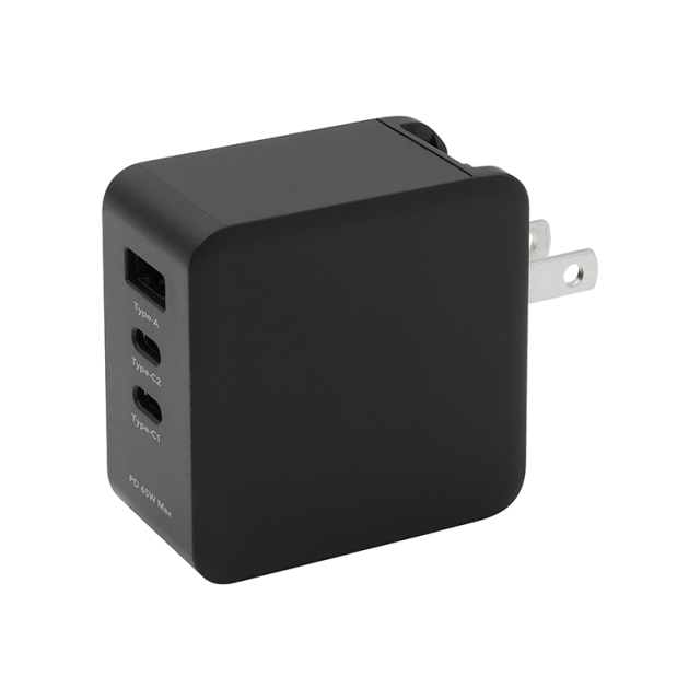 3ポートAC充電器 最大出力65W 3台同時充電 PD 高速充電 Nintendo Switch対応 USB Type-C1×2 USB Type-A×1 収納式プラグ PSE PC パソコン スマートフォン 持ち運び GH-JD3GA-BK