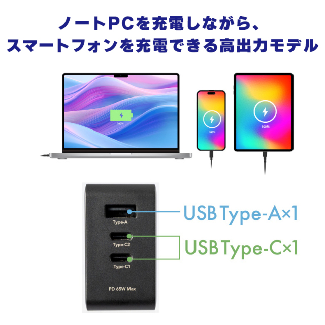 3ポートAC充電器 最大出力65W 3台同時充電 PD 高速充電 Nintendo Switch対応 USB Type-C1×2 USB Type-A×1 収納式プラグ PSE PC パソコン スマートフォン 持ち運び GH-JD3GA-BK