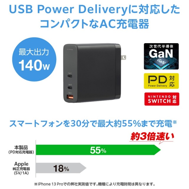 3ポート AC充電器 高速充電 最大出力140W 3台同時充電 PD Nintendo Switch対応 ACアダプタ 高出力 海外でも使える コンパクト スマートフォン タブレット パソコン PC スイッチ GH-JD3GB-BK