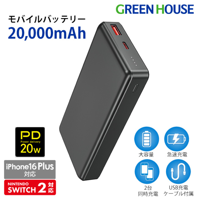 頑強モバイルバッテリー 20000mA PD 20W 高速充電 頑強 軽量 2台同時 アルミボディ 残量表示 メタル 機内持込 急速充電 Type-A Type-C iPhone Android Nintendo Switch GH-MB20PB-SV