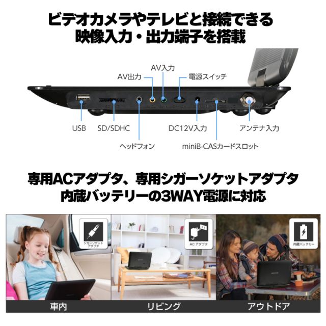 ポータブルDVDプレーヤー 13型 ワイド液晶 バッテリー内蔵 180度回転 地デジ ワンセグ 13.3インチ レジューム機能対応 車用 グリーンハウス GH-PDV13BTG-BK