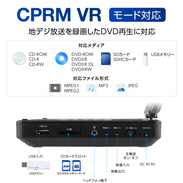 7型ワイドポータブルDVDプレーヤー 7インチ 内蔵バッテリー 4WAY電源