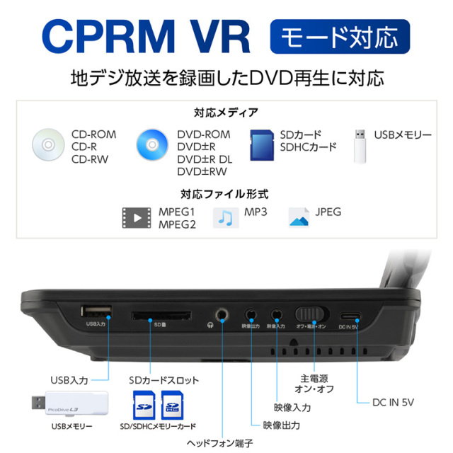9型ワイドポータブルDVDプレーヤー 9インチ 内蔵バッテリー 4WAY電源