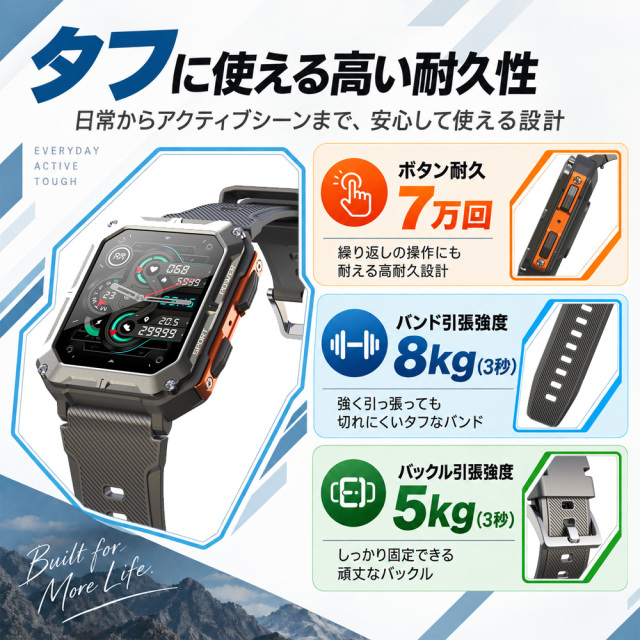スマートウォッチ タフネスモデル 1.81インチ 耐熱 耐冷 耐衝撃 IP68