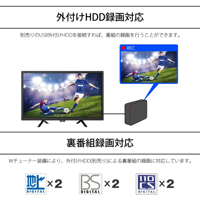 24V型液晶テレビ 地上デジタル BS HD 高画質 広視野角 Wチューナー搭載