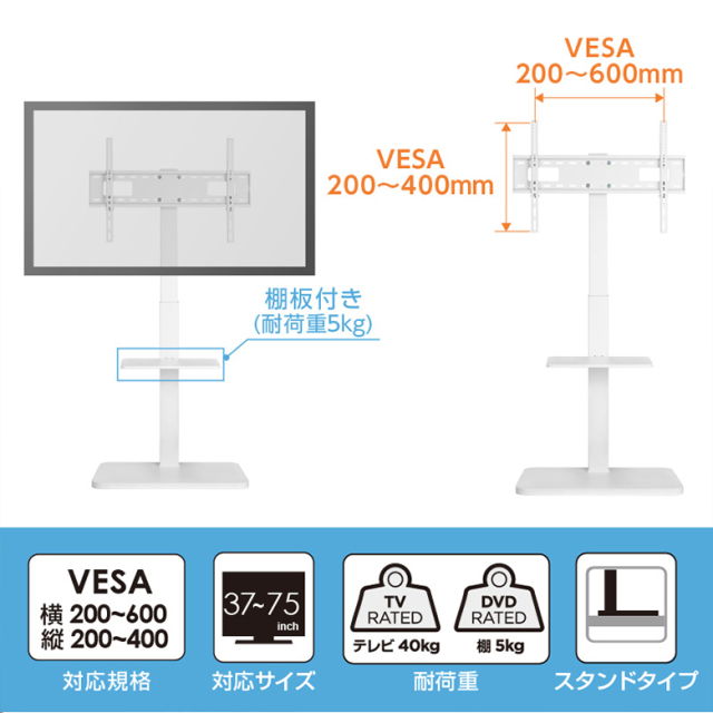 テレビスタンド 37-75インチ対応 耐荷重-40kg 大型テレビ向け PCスタンド モニター 高さ調節 ケーブルガイド 壁寄せ テレビ台 大型テレビ スタンド TV台 TVスタンド テレビラック ディスプレイ グリーンハウス GH-TVFB-WH