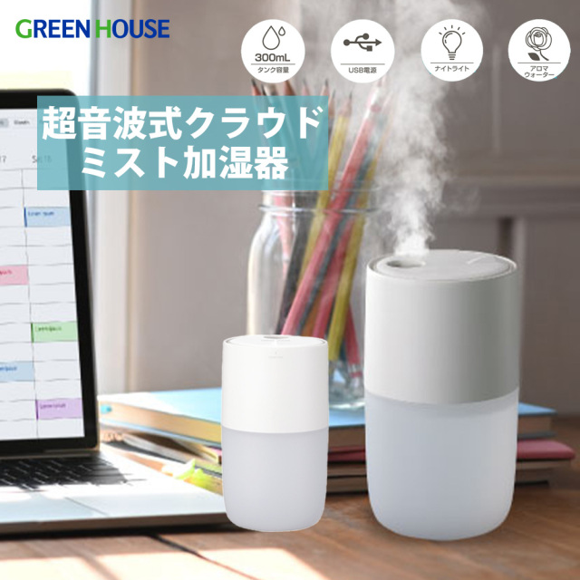 超音波式クラウドミスト加湿器 超音波式 USB加湿器 ナイトライト アロマディフューザー コンパクト 卓上 デスク ベッドサイド シンプル 小型 乾燥対策 花粉対策 USB充電 持ち運び GH-UCHC