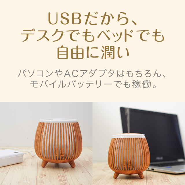 ウッドサークル加湿器 超音波式 140ml USB給電 卓上加湿器 アロマ