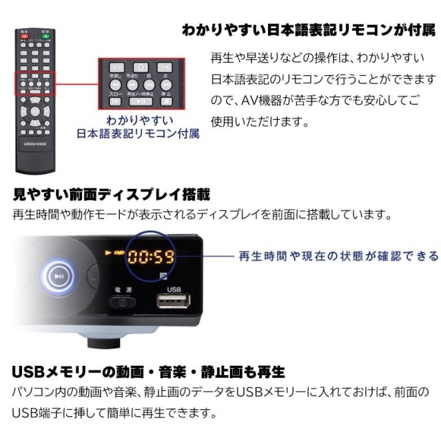 据え置き型DVDプレーヤー コンパクト CPRM VRモード対応 シンプル お手軽 リモコン付 USBメモリー DVD CD 再生 映像 映画 学習用 音楽 GH-DVP1EBCBK