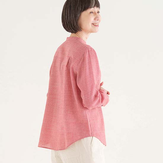 ウールの千鳥のスタンドカラーシャツ　レッド