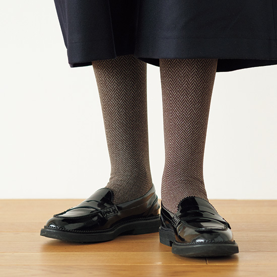 ヘリンボンのハイソックス　ブラウン