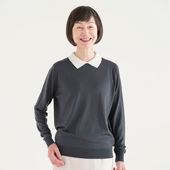 クレリックポロニット長袖　グレー／ホワイト