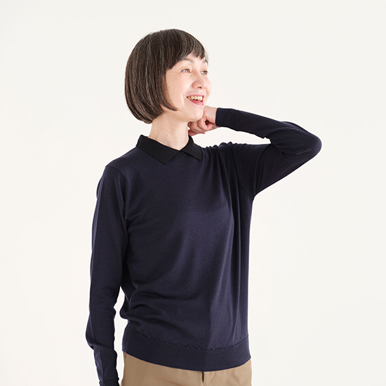 クレリックポロニット長袖　ネイビー／ブラック