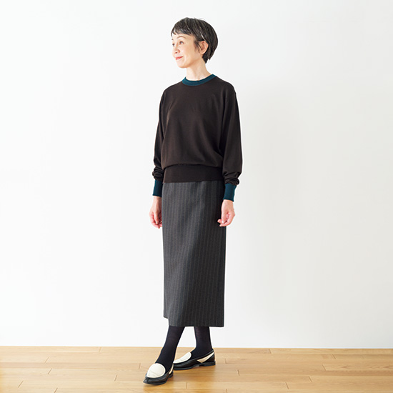 クルーネックニット　ブラウン×グリーン